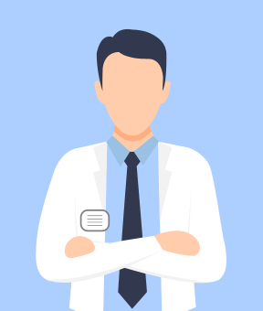 Illustration of a person with a lab coat and ID badge, crossed arms, on a blue background.