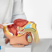 A hand holding a cross-section model of a human pelvis and reproductive organs with a pointer.