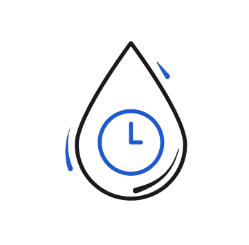 Alt text: A stylized graphic of a black water droplet with a blue clock face symbol in the center.