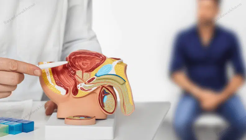 A medical professional points to a section of a colorful anatomical model of the male reproductive system.