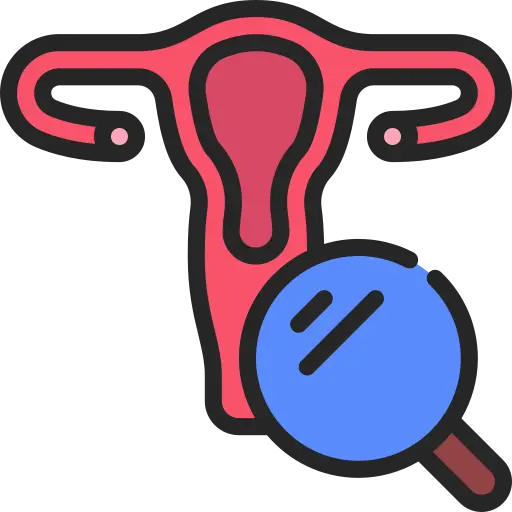 Gynecology examination icon showing uterus with magnifying glass