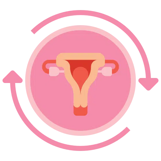 Illustration of the female reproductive system featuring the uterus, ovaries, and fallopian tubes with a menstrual cycle symbol