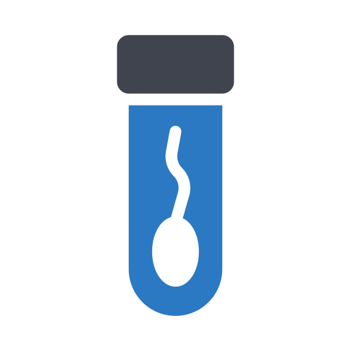 Icon of a blue test tube with a simplified sperm cell inside.