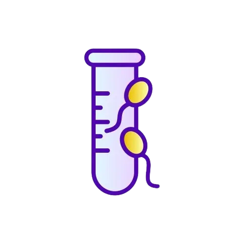 Icon of a blue test tube with a simplified sperm cell inside.