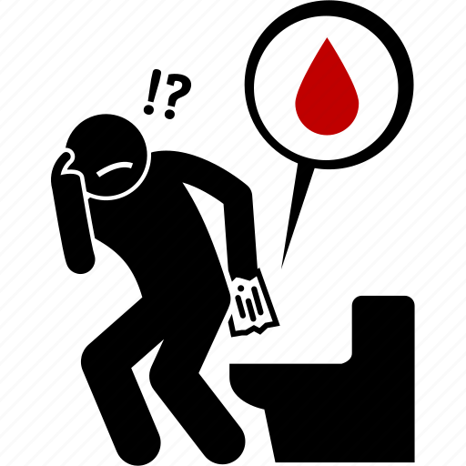 Silhouette of a person experiencing discomfort near a toilet with a red blood drop symbol, indicating possible health issues like blood in the urine or stool